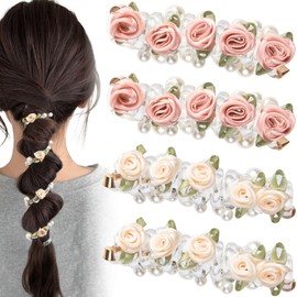 VARMDUKKE 4PCS Rose Bead Spiral Hair Ties, 2 Colors Floral Phone Cord Ponytail Holders for Women, Elegant Rubber Hair Coils, Stylish Hair Accessories for Party, Daily Use - White, Pink Flower