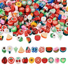 200Pcs Fruit Flower Clay Beads Apple Strawberry Lemon Peach Watermelon Polymer Clay Beads Daisy Cactus Butterfly Ladybug Clay Spacer Beads for DIY Bracelet Necklace Jewelry Making