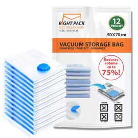 Right Pack Vacuum Storage Bags - Pack Of 12 | Large 50 x 70 CM | Airtight & Reusable Storage Bags | Space Saving Bags for Clothes, Pillows & More