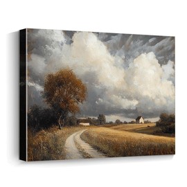 WOXZQ Vintage Country Road Canvas Wall Art, French Rustic Farmhouse Landscape Oil Painting Print, European Cottagecore Wall Decor, 16x12 Inch