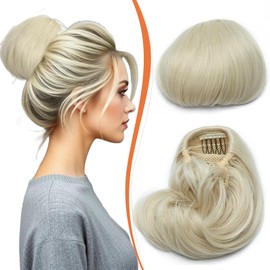 Benehair Drawstring Hair Bun Extensions 6 Inch Straight Short Ponytail Hairpiece Hair Buns Scrunchies Synthetic Soft Bleach Blonde Hair Piece for Women (Bleach Blonde, 80g)