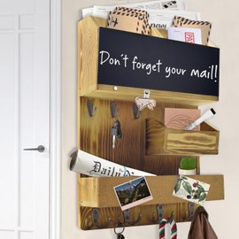 HEKOOLA Mail Organizer Wall Mount Key Holder Mail and Key Organizer for Wall Key Hooks with Shelf, Chalkboard, Corkboard, Key Hanger Mail Organizer Wall Mounted for Room Office Entryway (Light Wood)
