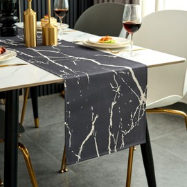 Jayusaror Table Runner Modern Autumn Grey and White Linen Marble Golden Texture Abstract Art Washable Table Runner for Coffee Dining Room Dresser Side Table Bedroom 40 x 140 cm