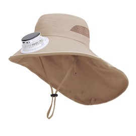 Kids Solar Fan Hat Adjustable Wide Brim Cooling Sun Hats with Neck Flap UPF 50+ Breathable Beach Visor Bucket Hat for Outdoor Outing Camping Fishing (UK, Alpha, One Size, Khaki)