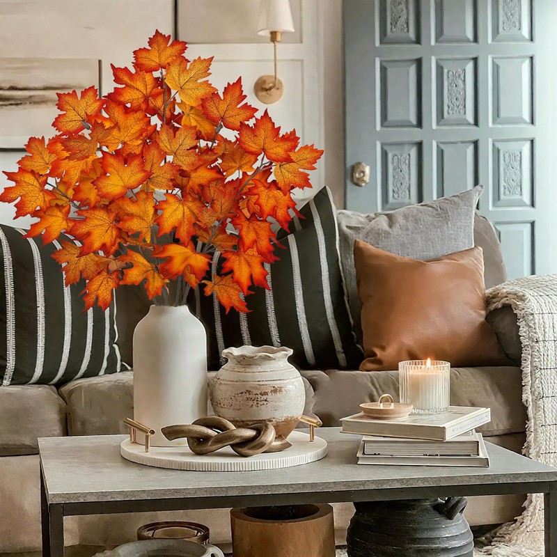 GnFlus 35.4 inch Artificial Orange Maple Leaves Branch Fake Maple