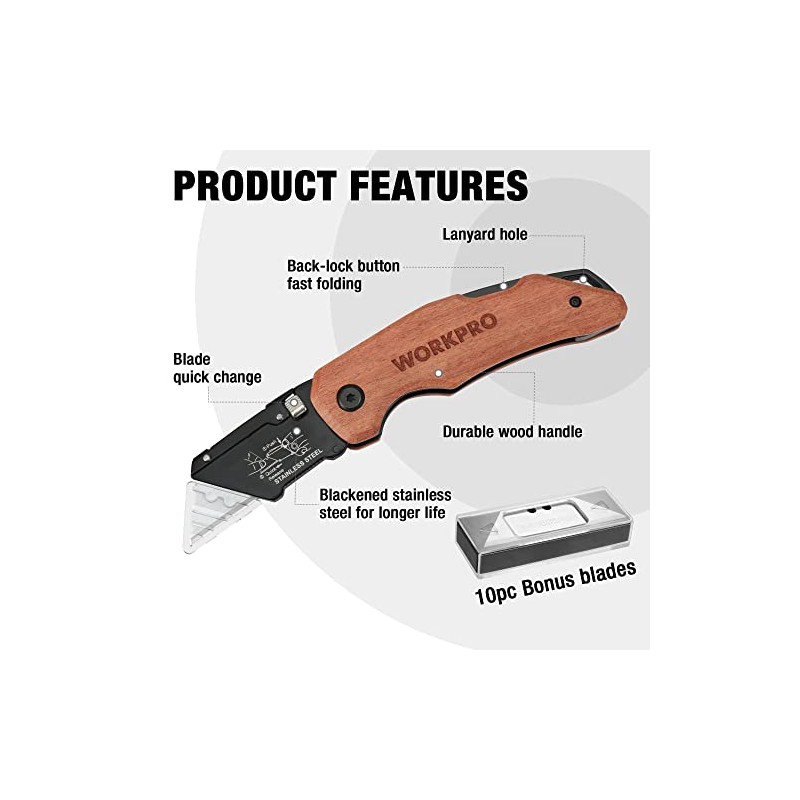 WORKPRO Folding Utility Knife with Stainless Steel Head, Quick-change Blade