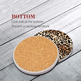 Bribay Coaster for Drinks Set of 6, Leopard Animal African Tiger Cheetah Absorbent Round Ceramic Stone Mat, with Cork Base and Metal Holder, Gift for Housewarming Room Bar Decor