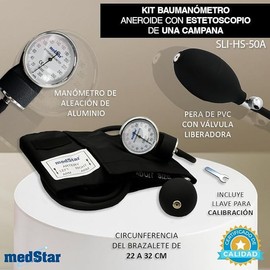 MEDSTAR | Baumanómetro con Estetoscopio Simple Negro + Oximetro Blanco de Pulso Ligero para Dedo, Adulto e Infantil, Incluye Estuche y Cordón