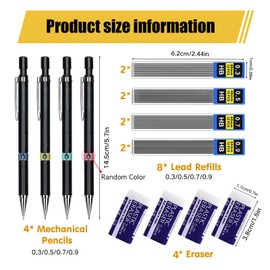 Set of 4 Mechanical Pencil 0.3/0.5/0.7/0.9 mm Lead Pencil, 8 Tubes (96 Pieces) HB Pencil Leads Interchangeable Refills and 4 Pieces Erasers for Students, Writing, Drawing (16 Pieces)