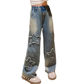 NABER Girls Star Elastic Waist Washed Denim Pants Wide Leg Ripped Jeans Age 5-14 (Blue9, 10-11 Years)