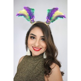 HEIDKRUEGER Mardi Gras Headband Purple Green Gold Feather Headband Glitter Hat Carnival Parade Hair Hoop Accessories