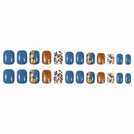 MERVF Square Press on Nails Short Fall Fake Nails Blue Glue on Nails Gold Glitter Squoval Acrylic Nails with Leaf Pumpkin Design Press ons Glossy 24pcs Thanksgiving Nails