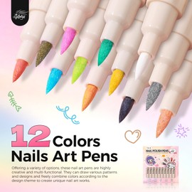 GELLAKTIK 12 Colors Nail Art Pens Set, 3D Nail Polish Pens, Quick-Drying Acrylic Paint Markers, 0.7mm Dotting Painting Liner Brush for DIY Nail Design, Home & Salon Manicure Tools