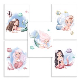 Klasse Set of 5 Mermaid Underwater Decorative Pictures Teenager's Room Baby Room Girls Picture Set Poster DIN A4 Decoration Sea Mermaid Mermaid (without Frame)