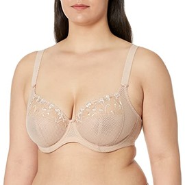Elomi Women's Charley Plunge Bra: Elegant Floral Embroidery, Everyday Comfort. Three-Section Cup, Low Plunge Front, Flexible Back Sweep. DD+ Bras Fawn