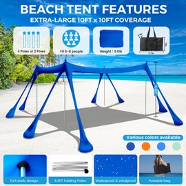 Beach Tent Canopy Pop Up Shade 10x10ft Sun Shelter Portable with UPF50+ UV Protection 8 Sandbags, 4 Aluminum Poles, 2 Sand Shovel, Ground Pegs Carrying Bag for Outdoor Camping Fishing Yard Picnics