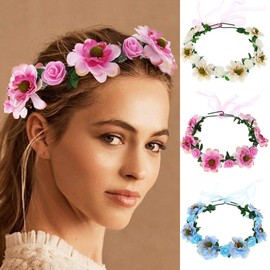 Edary Bridal Flower Crown Headband Bohemian Floral Headpiece Wedding Hair Wreath Photo Props Festival Party Hair Accessories for Women and Girls (Pink)