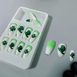 24Pcs St. patrick's Day Press on Nails Medium shamrock Fake Nails with Clover Design Almond Fake Nails Short Square Nails for Women and Girls