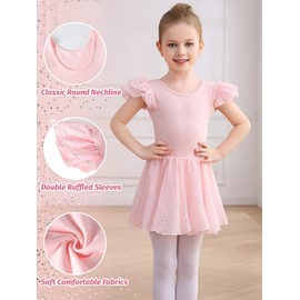 Comfyouth Ballet Leotard for Girls Toddler Shiny Ballet Dress Ruffle Sleeves Dance Leotard with Removable Skirt Kids Ballet Outfit for 2-11 Years Pink