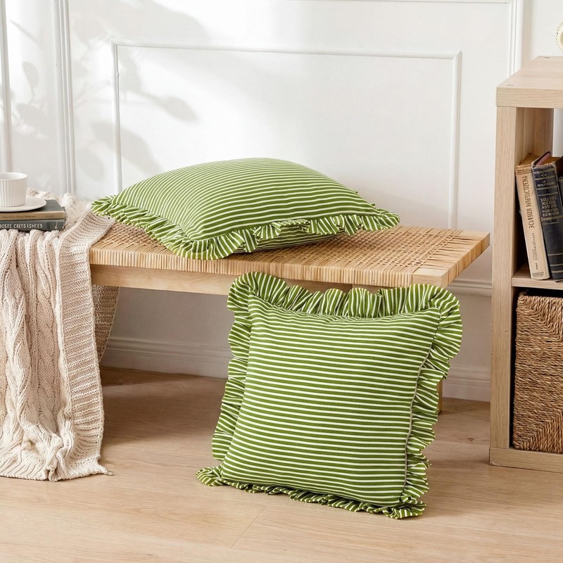 HunnmingRe 2 Pack Green White Striped Ruffle Throw Pillow Covers