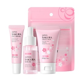 LAIKOU Japan Sakura Set de Cuidado Facial de Viaje con Suero Concentrado Crema para el Contorno de Ojos y Crema de Esencia Hidratante