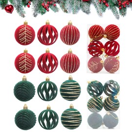 12Pcs Velvet Christmas Tree Ornaments,RedGreen Christmas Ornaments Ball,Velvet Christmas Balls Bulk,Flocked Christmas Ball Decoration,Shatterproof Christmas Tree Bauble,Hanging Ornaments for Xmas Tree