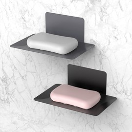 2-Pack Shampoo and Conditioner Bar Holder, Wall Mounted Soap Dish, Self-Adhesive Shampoo Bar Holder, Gray Bathroom Shower Caddy with Drainage
