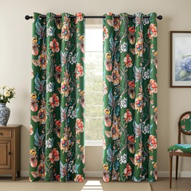 MYSKY HOME Green Floral Blackout Curtains 84 Inch Length 2 Panels Set Black Out Thermal Insulated Energy Efficient Grommet Cottagecore Flower Patterned Vintage Botanical Drapes for Living Room, 52" W