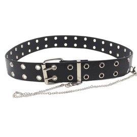 Lamerry Belt, Junior High School Students, Boys, Chain, Stylish, Leather, Cool, Double Pins, 2 Chains, Students, Boys, Teens, 41.3 inches (105 cm), Black, Black