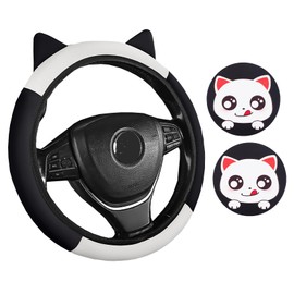 Forala Cartoon Soft Leather Steering Wheel Cover Set Cute Steering Wheel Protector with Cat Ears for Women Girls Elastic Lovely Decor Car Accessories (Black)
