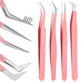 Nogeqi 4 Pack Fiber Tip Lash Tweezers for Eyelash Extensions, Stainless Steel Eyelash Tweezers with Precise Tips, Straight Curved 45 90 Degree and L-Shape for Volume & Classic Lashes (Pink)