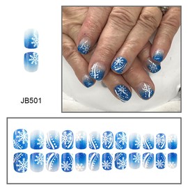24Pcs Christmas Press on Nails Short French Tip Fake Nails with Winter Snowflake Design Glitter Nude False Nails Blue Green Glitter Nail Tips Full Cover Glue on Nails for Women DIY Christmas Acrylic