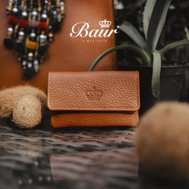 Baur Women's Key Case Real Leather Key Case with Coin Compartment and Metal Key Ring Key Pocket with Zip & Press Stud Note & Card Compartment Small Purse, Cognac, S, Classic and elegant