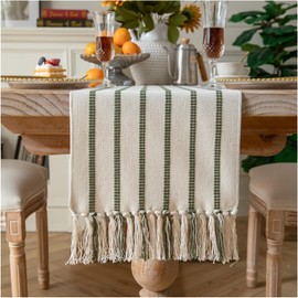 Caflife Boho Table Runner 72 Inchs Long Green and Beige, Cotton and Linen Woven with Tassels, for Modern Rustic Farmhouse Neutral Table Runners, Bohemian Kitchen Dining Table Home Decor