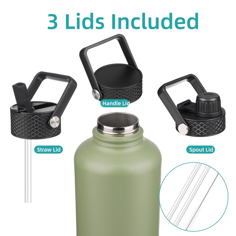 Konokyo Insulated Water Bottle with Straw,50 oz 3 Lids Water