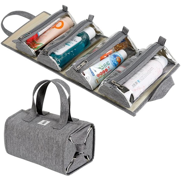 Hanging Roll-Up Makeup Bag / Toiletry Kit / Travel Organizer for Women - 4 Removable Storage Bags - Organize Make Up, Cosmetics, First Aid, Medicine, Personal Care, Bathroom, Palette / Brush Holder