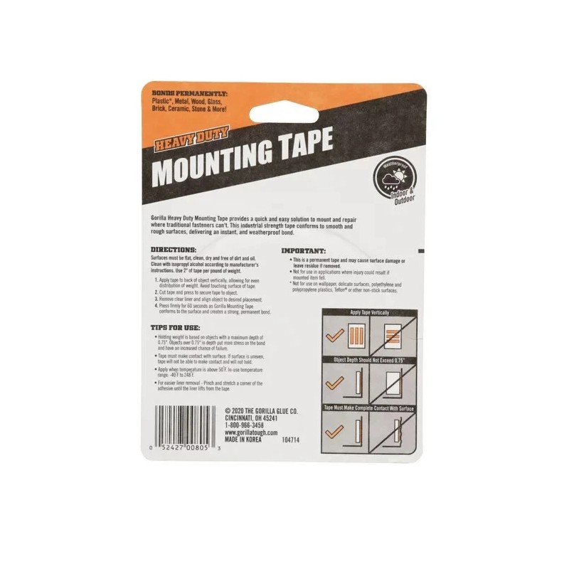 Gorilla XL Heavy Duty Double Sided Mounting Tape, 1" x