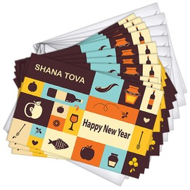 Wright Home & Gift Symbols Rosh Hashanah Jewish New Year Greeting Cards | 10 Pack Bulk Set + 10 Envelopes (5X7)
