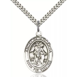 Bliss Sterling Silver Angel de la Guarda Medal Pendant Necklace 24" Chain GiftBox