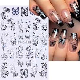 Spring Flower Nail Art Stickers Black White Butterfly Nail Decals 3D Self Adhesive Spring Summer Nail Art Supplies Cute Flowers Butterflies Nail Stickers for Women DIY Manicure Decorations, 6Sheets