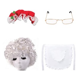 NUMJAW Mrs Claus Costume Adult Women,Mrs Claus Hat Mrs Claus Wig Mrs Claus Glasses Mrs Claus Apron,Old Lady Curly Wig Girls Mrs Claus Costume For Women Mrs Santa Claus Costume Accessories For Women