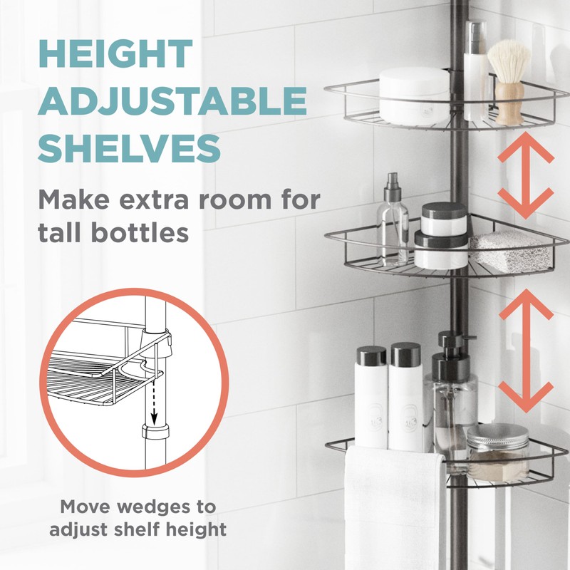 Zenna Home Tension Pole Shower Caddy Corner Organizer, Adjustable Standing
