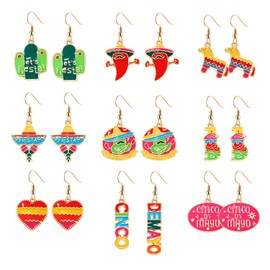 NLCAC 9 Pairs Cinco De Mayo Earrings Mexican Fiesta Earrings Colorful Sombrero Pinata Cactus Chili Hoop Dangle Earrings Carnival Festival Holiday Jewelry Gifts (Fishhook Dangle)