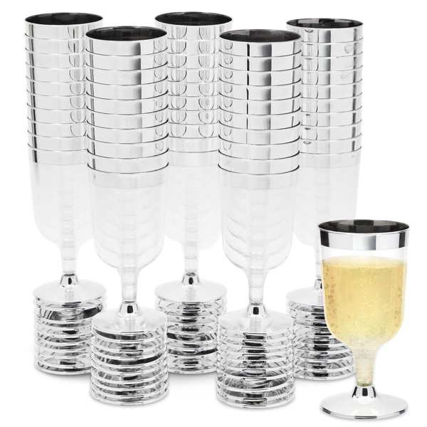 Juvale 50 Pack 7 Oz Clear Plastic Wine Glasses for Parties, Silver Rimmed Goblet Cups with Stems for Weddings