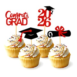 Graduation Decorations 2026-24Pcs Red Glitter 2026 Graduation Cupcake Toppers for Class of 2026 Party Decorations
