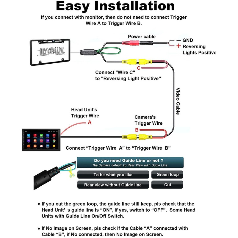 Absolute CAM2100B Black License Plate Backup Camera Front Rear View