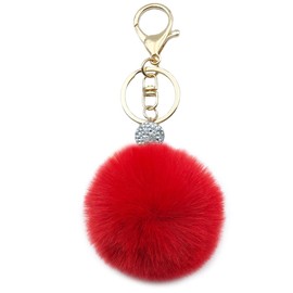 Unpafcxddyig Pom Pom Keychain Artificial Fur Ball Keychains Fluffy Tote Pendant with Crystal Rhinestone Car Bag Charm,red