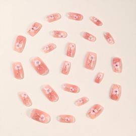 Square Press on Nails Medium Fake Nails with Design Pink Gradient Acrylic Nails Artificial Glue on Nails Summer Flower False Nails Full Cover Stick on Nails for Women 24 Pcs Nail Art