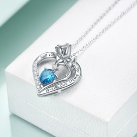 925 Sterling Silver Blue Topaz Heart Pendant Necklace for Women, December Birthstone Jewelry Rose Flower Heart Necklace, Christmas Anniversary Birthday Jewelry Gifts for Wife Mom