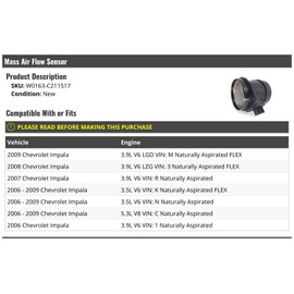 Marketplace Auto Parts Mass Air Flow Sensor - Compatible with 2006-2009 Chevy Impala (3.5L, 3.9L V6, 5.3L V8) - Modern Electronic Sensor for Automotive Air Flow Measurement